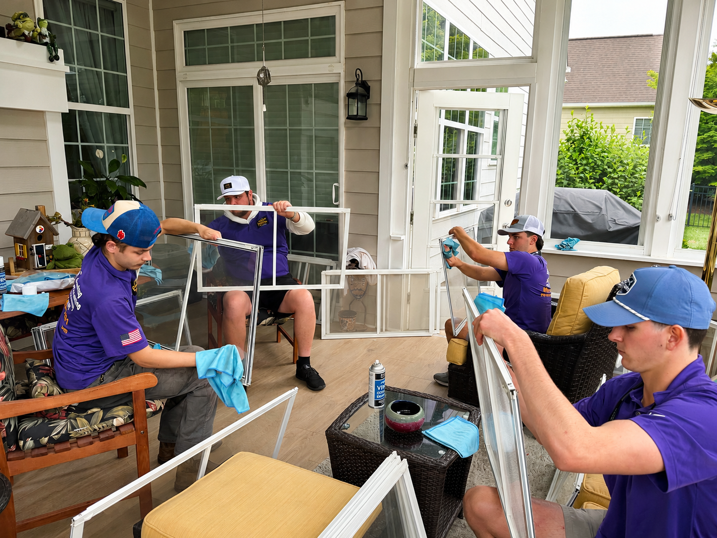 Pristine Pane Pros crew cleaning window screens on a porch